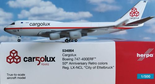 Herpa Wings 1_500 534864 Cargolux Boeing 747-400ERF - 50th Anniversary Retro colors – LX-NCL City of
